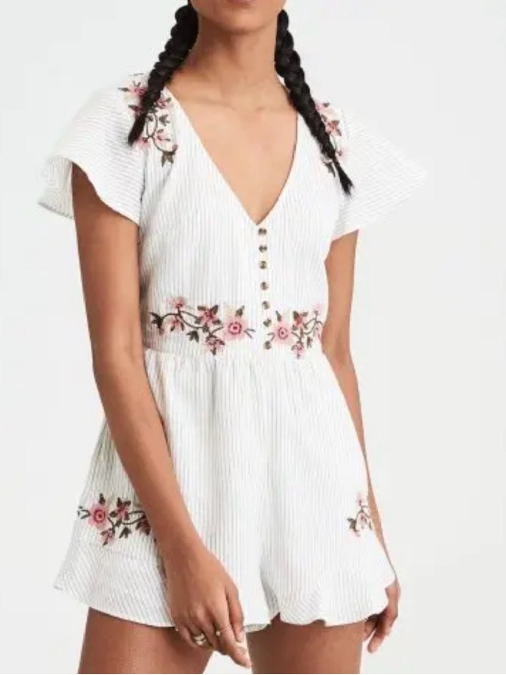 American Eagle Floral Embroidered Romper White Stripe Boho Cottagecore L
